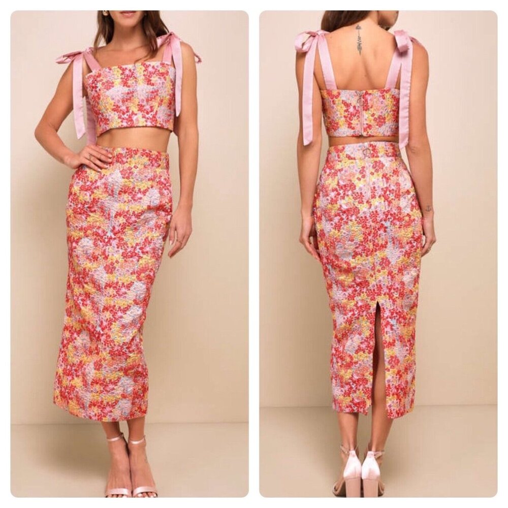 NWT Lulu’s Ellarina Pink Metallic Floral Jacquard Tie Strap Midi Skirt & Top M